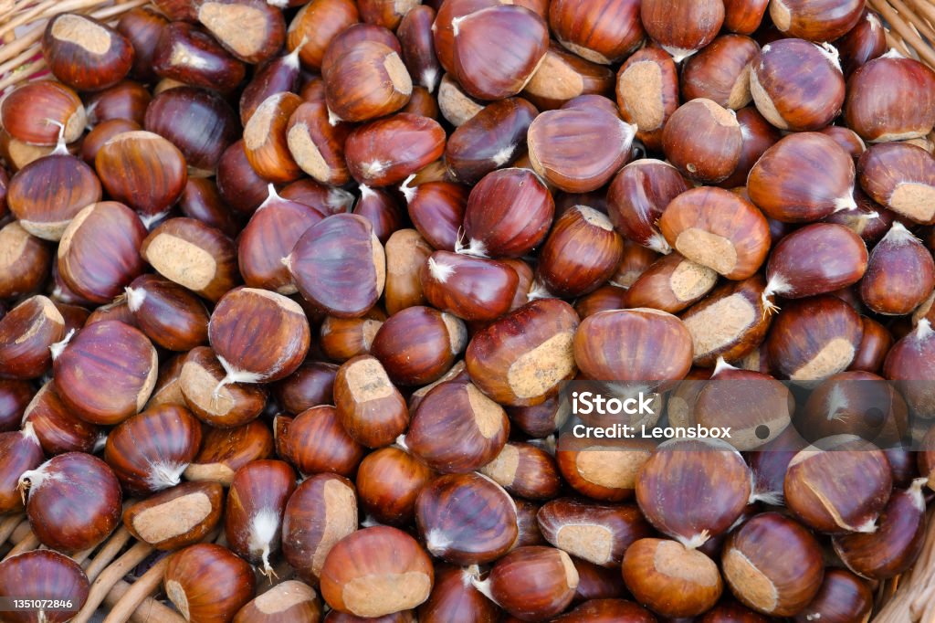 Edible chestnuts Fresh edible chestnuts (Castaneda sativa) at a farmers market Alto Adige - Italy Stock Photo