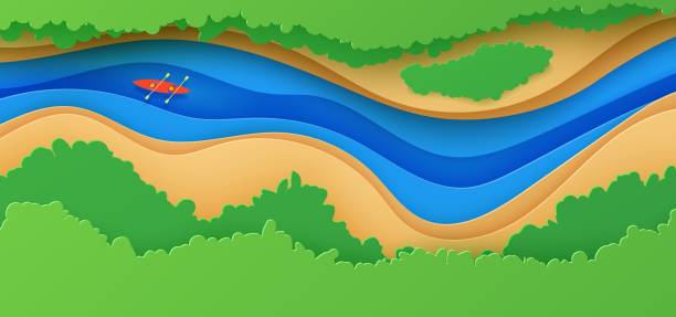 stockillustraties, clipart, cartoons en iconen met top view landscape in paper cut style. eco tourism 3d background with aerial view river green trees and kayak boat. vector card illustration of extreme rafting sport vacation adventure papercut art. - kano op rivier