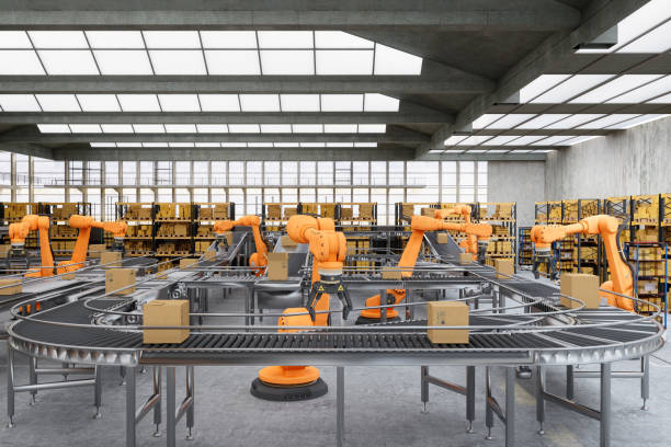 istock Robotic Arms Working On Conveyor Belt In Automatic Warehouse 1351075633