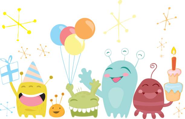 ilustrações de stock, clip art, desenhos animados e ícones de aniversário monstros engraçado - alien monster green futuristic