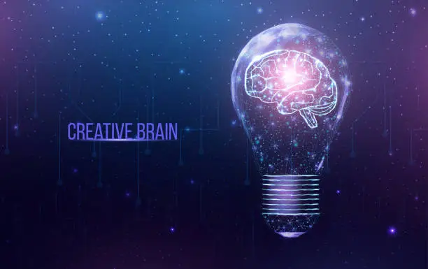 Vector illustration of Wireframe polygonal human brain in a lightbulb. Business idea, brainstorming concept with glowing low poly bulb. Futuristic modern abstract background. Vector illustration.