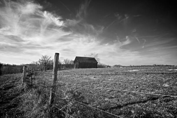 istock Old tobacco barn sits along barbed wire fence. 1351078875