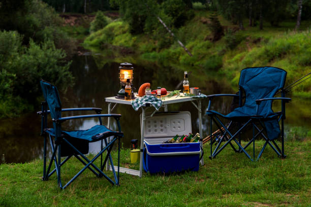 istock Picnic in nature. Folding furniture and snacks 1351079113