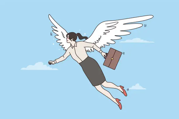Vector illustration of Happy businesswoman fly on wings of success