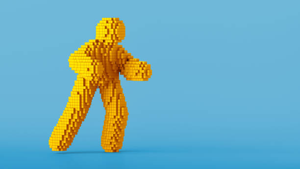 istock 3d render, pixel man cartoon character walking or running. Funny mascot isolated on blue background, active dancing pose 1351079543