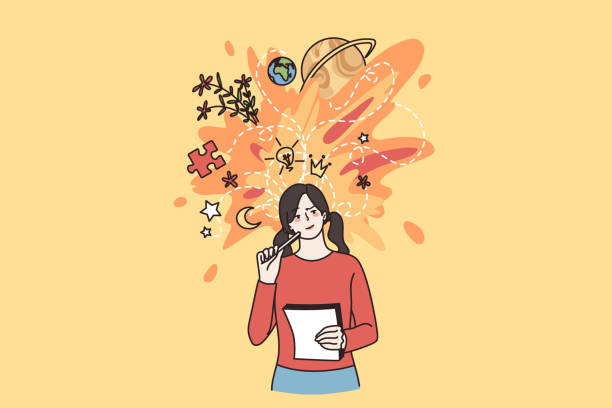 Millennial girl student engaged in creative thinking Young woman hold paper think or visualize ideas, brainstorm contemplating. Millennial girl student write in notebook, engaged in creative thinking. Inspiration, visualization. Vector illustration. creative writing stock illustrations