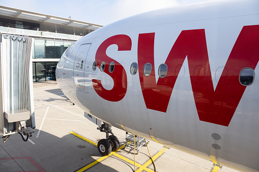 Zurich, Switzerland - October 24, 2021: Gateshot of a Swiss Boeing 777.