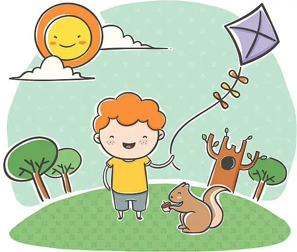 Vector illustration of cute boy playing with kite