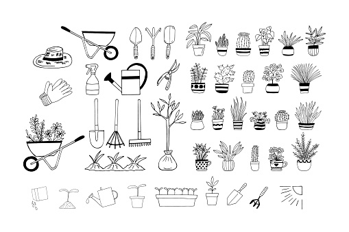 gardening set hand drawn doodle. vector, minimalism, scandinavian, monochrome, nordic. gardening tools, plants seeds potted flowers sticker icon