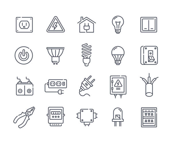 ilustrações de stock, clip art, desenhos animados e ícones de electricity icon set - wired