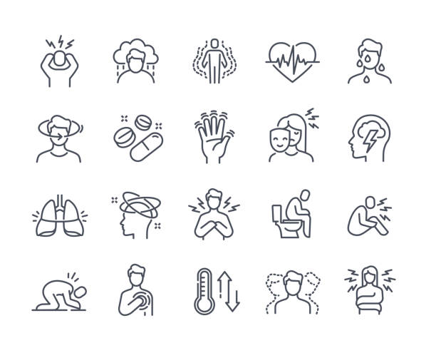 Panic disorder icon set Panic disorder icon set. Thin simple stickers with people with headaches, depression, shock, stress, mental illness and clouding of mind. Cartoon flat vector collection isolated on white background medical condition stock illustrations