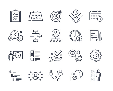 Task icon set. Minimalistic thin stickers with gliders, reminders with goals, deadlines and employees. Time management and efficiency. Cartoon flat vector collection isolated on white background