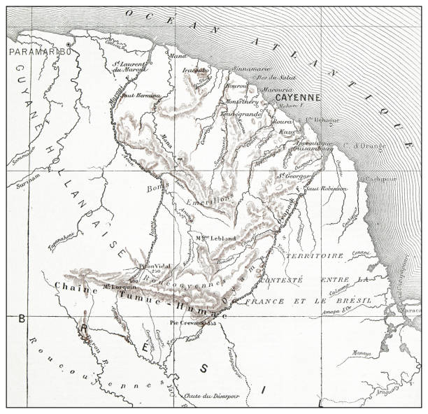 Antique French map of French Guiana Antique French map of French Guiana colonies map stock illustrations