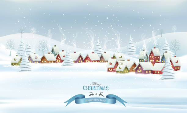 istock Holiday Christmas background with a village and  landscape. Vector. 1351084705