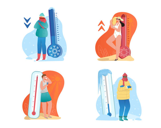 Meteorology thermometers set Meteorology thermometers set. Men and women in winter and summer season. Cold and warm weather. Characters in outerwear and swimwear. Cartoon flat vector collection isolated on white background temperature gauge stock illustrations