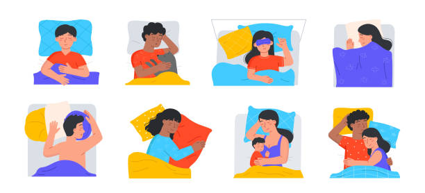 illustrations, cliparts, dessins animés et icônes de ensemble de personnes heureuses allongées avec des oreillers et des couvertures - baby mother child sleeping