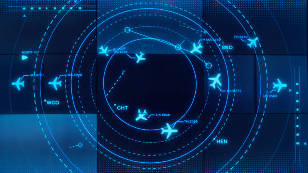 Simulation screen showing various flights for transportation and passengers. Simulation screen showing various flights for transportation and passengers. flight radar stock pictures, royalty-free photos & images