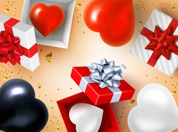 Vector illustration of Holiday Heart Shape Balloons and Gift Box Background