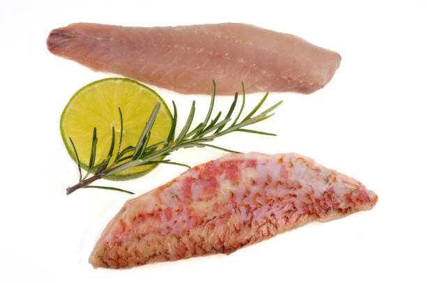 Fillets of raw red mullet with a slice of lemon and rosemary in close-up on a white background