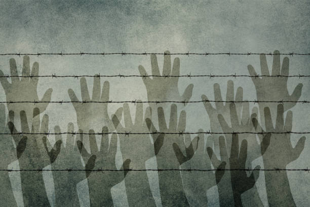 Silhouettes of hands behind a barbed wire, refugee camp, border, illegal immegration issue, prison fence, dark color stock photo