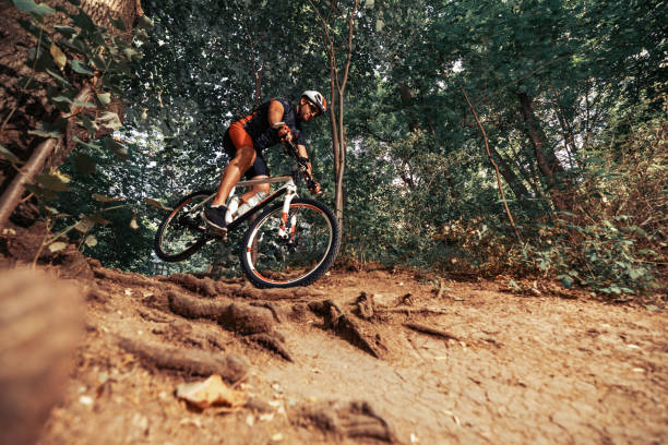 istock Mountain biker riding on bike in nature 1351090355
