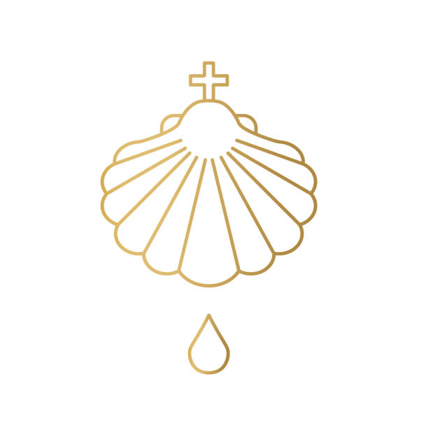 golden baptismal shell with drop of holy water icon - shell stock illustrations