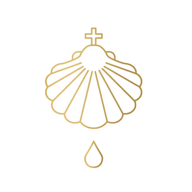 Vector illustration of golden baptismal shell with drop of holy water icon