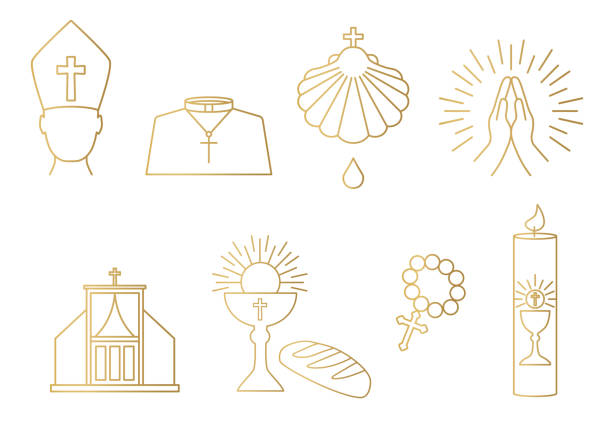 illustrazioni stock, clip art, cartoni animati e icone di tendenza di cristianesimo dorato, set di icone della chiesa cattolica; sacerdote, battesimo, preghiera, confessione, comunione, rosario, candela santa - sacramento festa religiosa immagine
