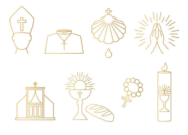 ilustrações de stock, clip art, desenhos animados e ícones de golden christianity, catholic church icon set; priest, baptism, prayer, confession, communion, rosary, holy candle - batismo