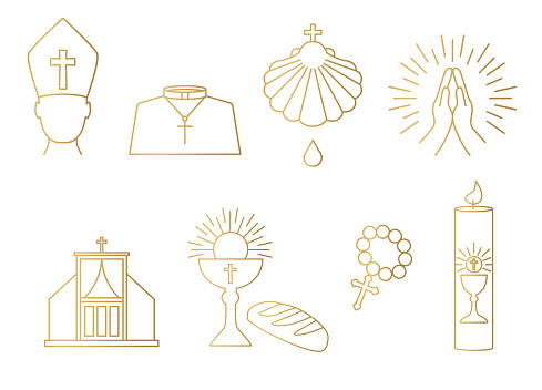 golden christianity, catholic church icon set; priest, baptism, prayer, confession, communion, rosary, holy candle - vector illustration