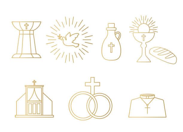 ilustraciones, imágenes clip art, dibujos animados e iconos de stock de siete sacramentos dorados de los iconos de la iglesia católica- - catolicismo