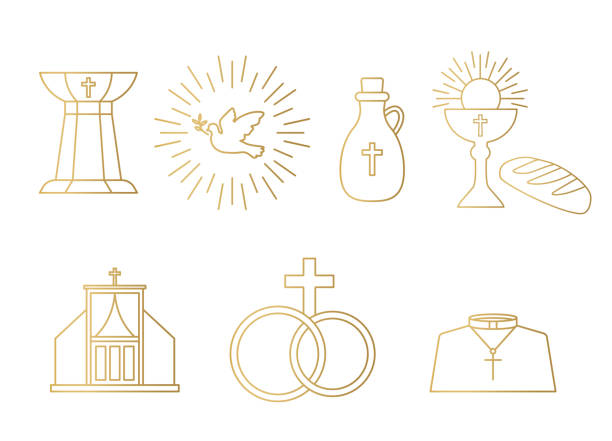 golden seven sacraments of the catholic church icons- - dini kutlama illüstrasyonlar stock illustrations