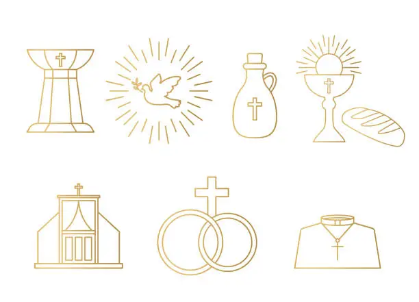 Vector illustration of golden seven sacraments of the Catholic Church icons-