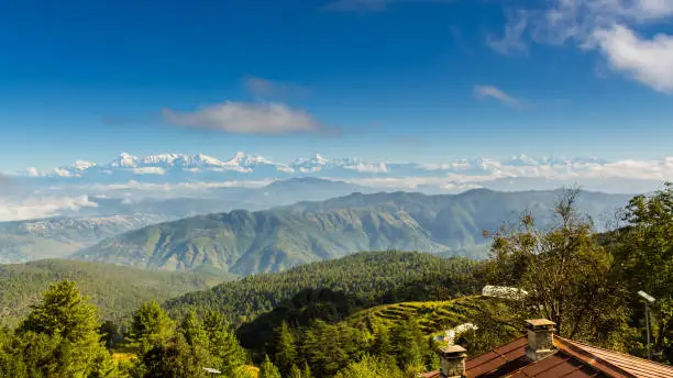 Distant view of the majestic Himalayan range from KMVN Mukteshwar, Tourist rest house, Uttarakhand, India