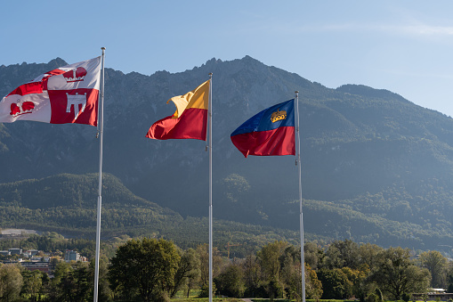 Vaduz, Liechtenstein, October 11, 2021 National flag is waving in the wind