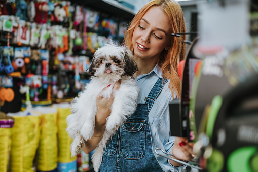 Young adult redhead woman enjoying in visit and shopping in petshop store together with her adorable Shih Tzu dog.