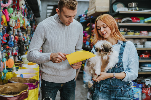 Beautiful young couple enjoying in modern and big pet shop store. They are buying different products for their adorable little Shih Tzu dog.