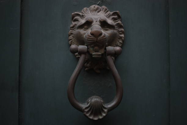 istock Vintage brass door knocker on an old door 1351096688