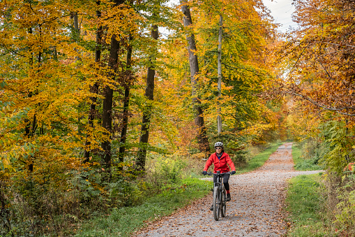 pretty senior woman ridin her electric bicycle in a colorful autumn forest with golden foliage