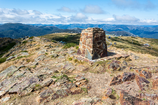 Stone distance dial at the summit of Mt Buller in Victoria, Australia.