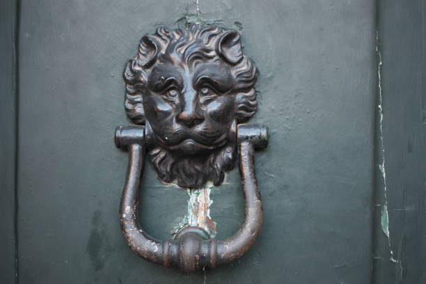 istock Vintage brass door knocker on an old door 1351096909