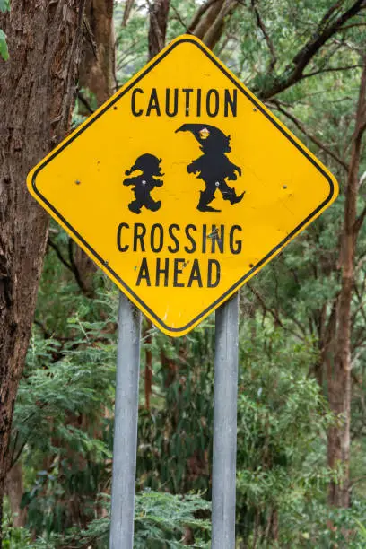 "Caution. Gnome Crossing Ahead" road sign in Mt Buller district of Victorian High Country in Australia.