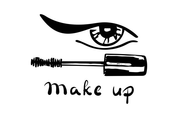 A womans eye with a black arrow and a mascara brush. Make Up lettering. Vector illustration. Hand drawn A womans eye with a black arrow and a mascara brush. Make Up lettering. Vector illustration. Hand drawn icon and symbol for logo, t-shirt design, textile, for makeup artist. mascara wands stock illustrations