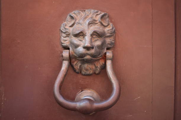 istock Vintage brass door knocker on an old door 1351097146