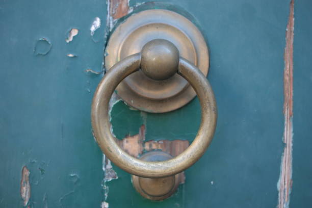 istock Vintage brass door knocker on an old door 1351097191