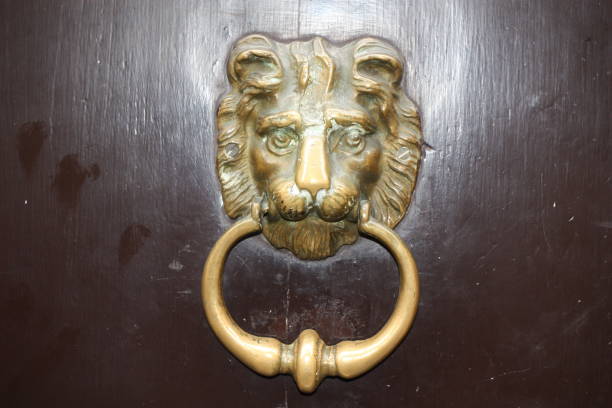 istock Vintage brass door knocker on an old door 1351097581
