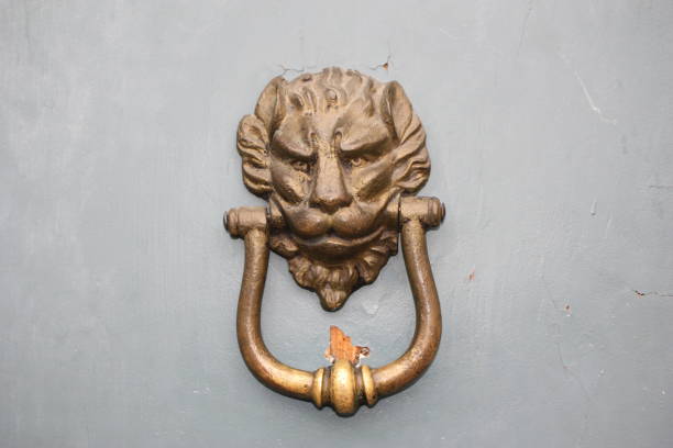 istock Vintage brass door knocker on an old door 1351097690