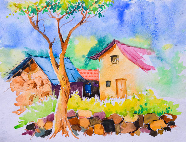 밝은 인도 마을 수채화 그림, 일러스트 - paintings canvas cottage painted image stock illustrations