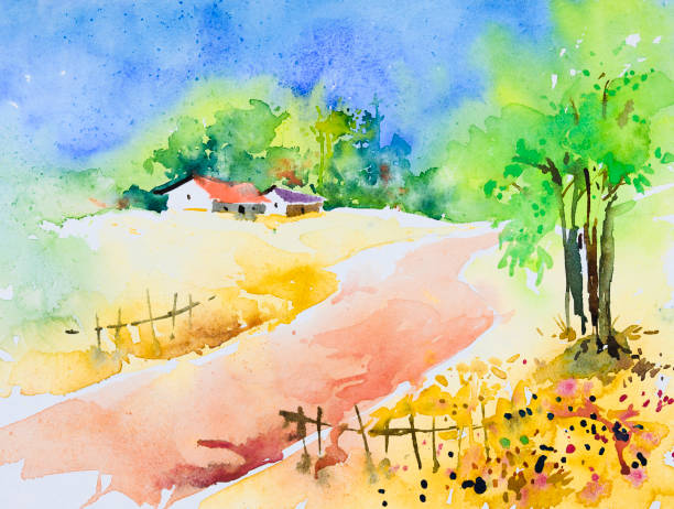 istock Bright Indian village watercolor painting, illustration 1351098502