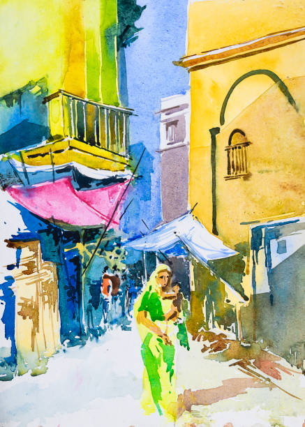 Watercolor painting of corner of countryside lane, illustration Watercolor painting of busy countryside lane, in a sunny morning. Hand painted illustration of Indian market. Includes a mother with her child, few people on the road and a two big houses. autorickshaw stock illustrations
